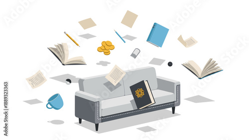 Floating objects above sofa: books, coins, mugs, and papers creating