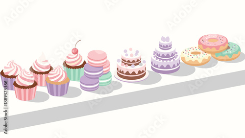 Colorful dessert array: cupcakes, macarons, cakes, and donuts in