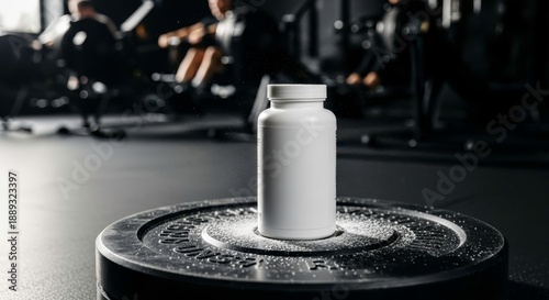 White plastic supplement bottle standing on a black barbell weight plate with scattered powder in a dark moody gym interior with blurred equipment. Concept of hardcore bodybuilding and power 
