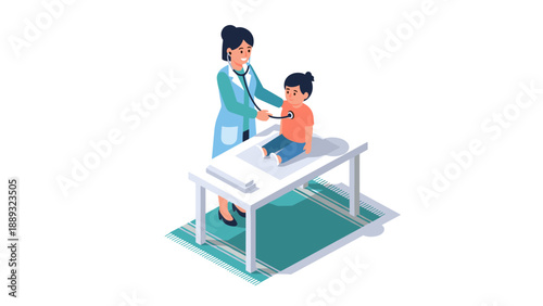 Pediatric check-up scene with female doctor and child in isometric