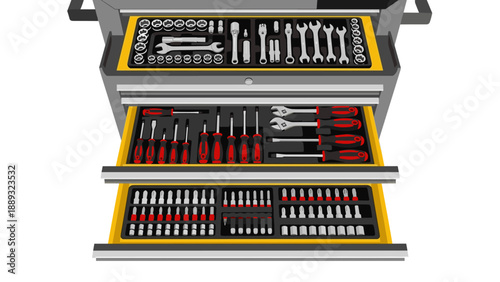 Organized toolbox with tools in drawers for home improvement and