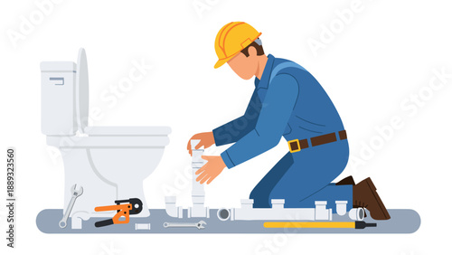 Plumber in uniform installing toilet with tools and pipes on floor