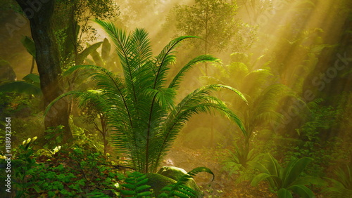 Obraz na płótnie golden fern bathed in warm light, detailed fronds glistening with dew, soft back