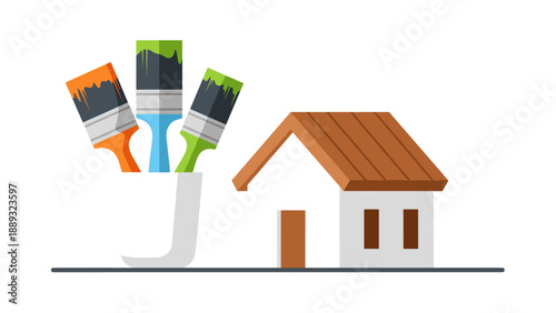 Creative home renovation concept with paint brushes and house model