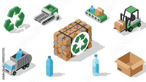 Isometric recycling and waste management icons with eco-friendly