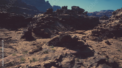 Fotografie Sunlit rocky canyon with scattered boulders and warm light, field kit and sample