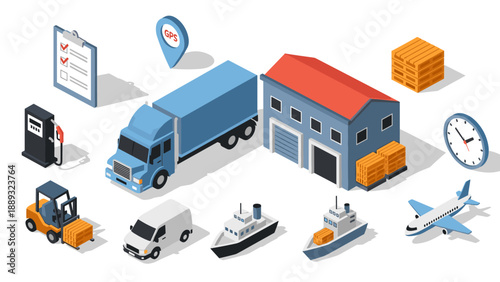 Logistics and transportation icons in isometric style with warehouse