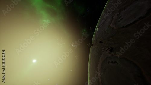 Tableau sur toile dark planet silhouette with aurora glow, bright distant star casting hazy light