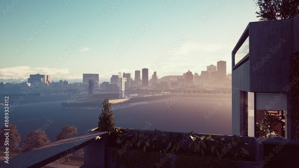 Naklejka premium Balcony sunrise cityscape overlooking waterfront, modern terrace bathed in golden light, misty skyline across bay, ivy and plants on railing, contemporary