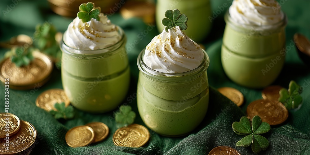 Obraz premium Glass jars of matcha mousse with whipped cream and sugar clovers, gold coins and green linen around. Playful and sweet Saint Patricks Day dessert styling.