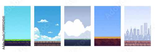 Collection of pixel art sky and ground backgrounds for video game platformer. Various parallax horizons with clouds and cityscape.