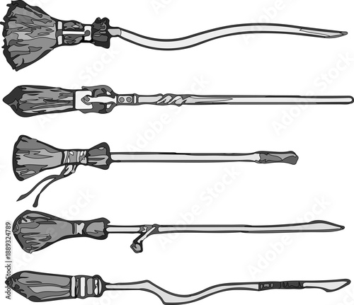 Artistic Black and White Witchcraft Accessory Sketches Featuring Hand-Drawn Magic Brooms for Spooky Season Decorations and Dark Fantasy Art
