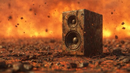 Old speaker on ground with fire and debris around it in a dramatic scene