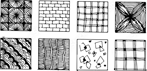 Beautiful Hand Drawn Zentangle Pattern Grid with Detailed Abstract Doodle Art, Repetitive Motifs, and Creative Line Illustration Style