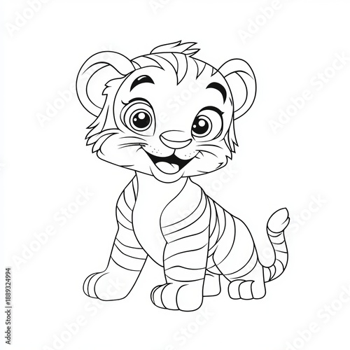 Adorable Whimsical Tiger Cub Cartoon for Coloring, Sitting Cheerfully in a Vibrant Jungle Scene