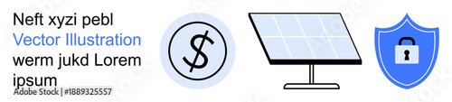 Renewable energy, financial efficiency, online security, sustainability, energy savings, digital protection. Solar panel, dollar symbol shield with lock. Renewable energy and financial efficiency