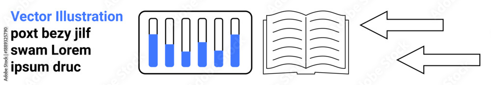 Fototapeta premium Test tubes with blue liquid, an open book, and arrows symbolize research, knowledge distribution. Ideal for education, science, laboratory work, publishing, innovation study guides simple landing