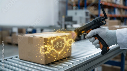 Cyber-Physical Defense. Cyber physical defense in secure supply chain with scanner and package in warehouse setting