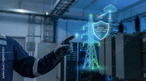 Cyber-Physical Defense. person interacts with digital interface displaying cyber physical systems for critical infrastructure defense