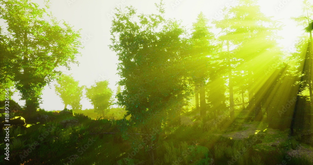 Fototapeta premium golden backlit forest path at sunrise, warm light creating silhouettes along winding trail, soft glare and dust particles in air, inviting journey