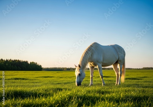 A majestic pure white horse grazes serenely in a vibrant green pasture under a clear blue sky, evoking calm, nature, and freedom, farm, natural, sunny