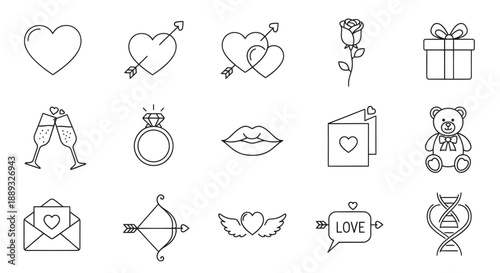 Collection of Simple Line Icons Representing Love and Affection.