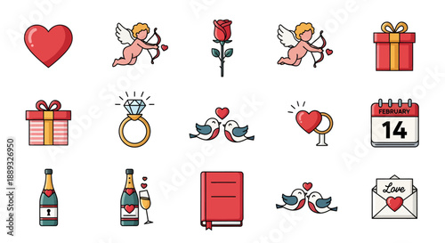 Valentine's Day icons set with hearts, cherubs, and romantic symbols.