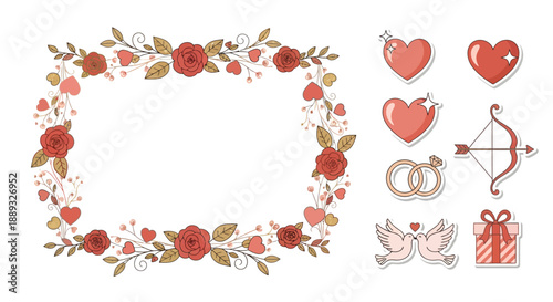 Valentine's Day floral frame with hearts and romantic symbols.