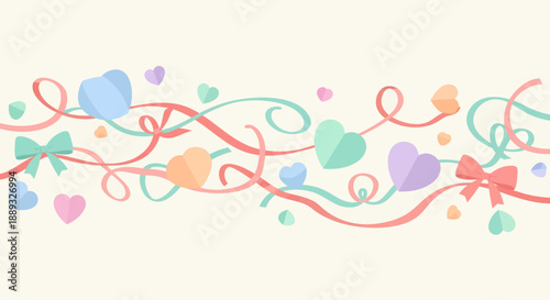 Colorful hearts and ribbons decorative border illustration.