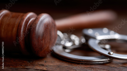 Wooden gavel and silver handcuffs on dark wooden desk. Law, justice, legal proceedings concept