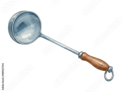 Metal Kitchen Ladle with Brown Wooden Handle and Hanging Ring Detail in Realistic Watercolor Illustration