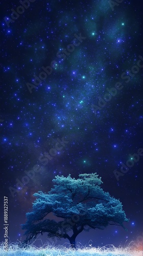 Magical night sky with milky way galaxy and lone tree silhouette. Fantasy cosmic landscape with shining stars and majestic tree in the field.