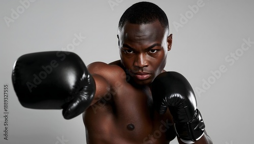 A black man wearing boxing gloves and striking a fighting pose.