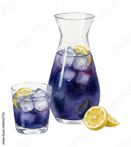 Refreshing purple iced drink in a glass pitcher and drinking glass with fresh lemon slices