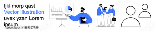 Business strategy, teamwork, meeting visuals, data insights, workflow management, user avatars. A presenter with a graph, coworkers collaborting symbolic user icons. Business and teamwork concepts