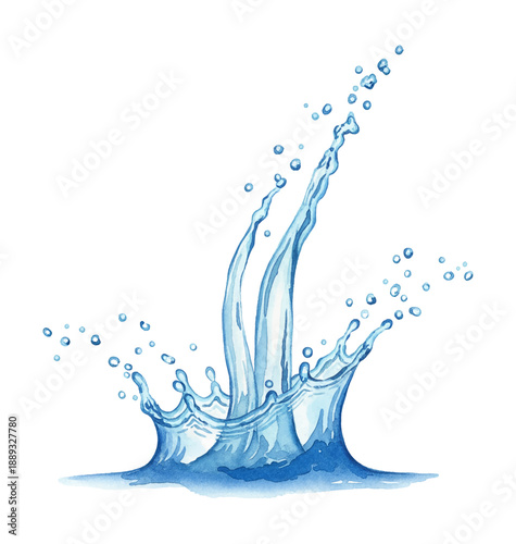 Dynamic Blue Water Splash with Droplets and Active Movement a Refreshing Watercolor Illustration