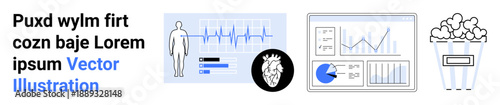 Medical dashboard showing heart rate, human anatomy, heart icon, and charts. Ideal for healthcare, fitness, wellness, medical research, data analysis diagnostics and simple landing page