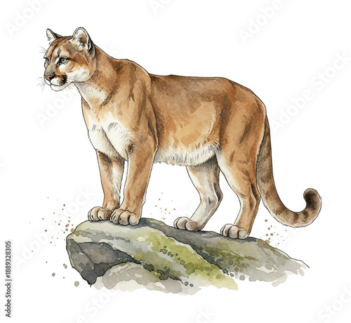 Proud Mountain Lion Standing on a Mossy Rock with a Calm Observant Gaze Watercolor Style