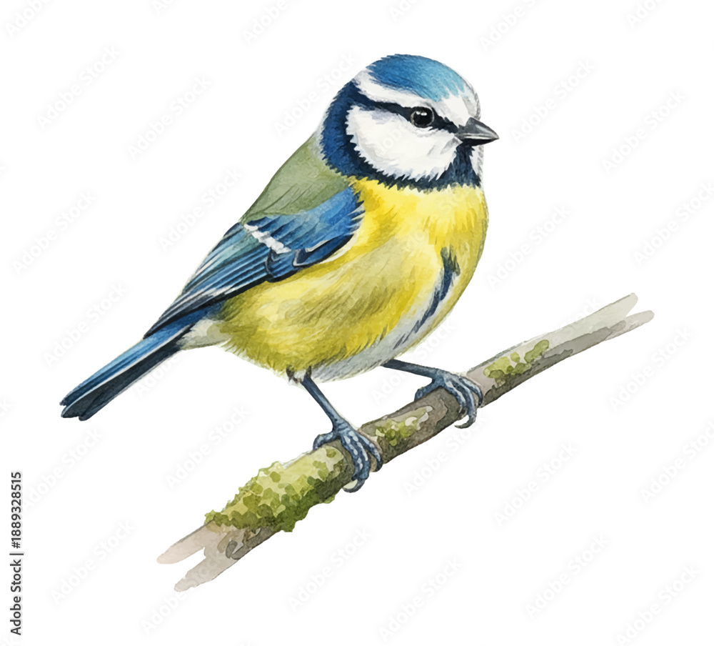 Obraz premium Vibrant blue tit bird perched on a mossy branch with its distinctive blue yellow and white feathers looking calm and observant in a watercolor painting