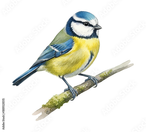 Vibrant blue tit bird perched on a mossy branch with its distinctive blue yellow and white feathers looking calm and observant in a watercolor painting