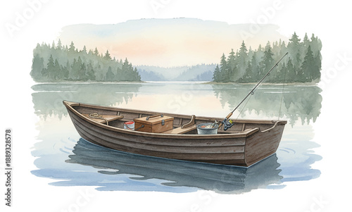 Peaceful lake scene with a wooden fishing boat ready for angling among calm waters and lush pine forest