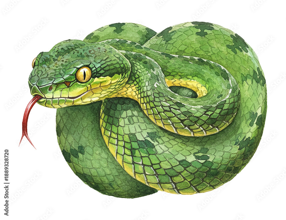 Fototapeta premium Vibrant Green Snake Coiled with Yellow Eyes and Red Forked Tongue Watercolor Illustration