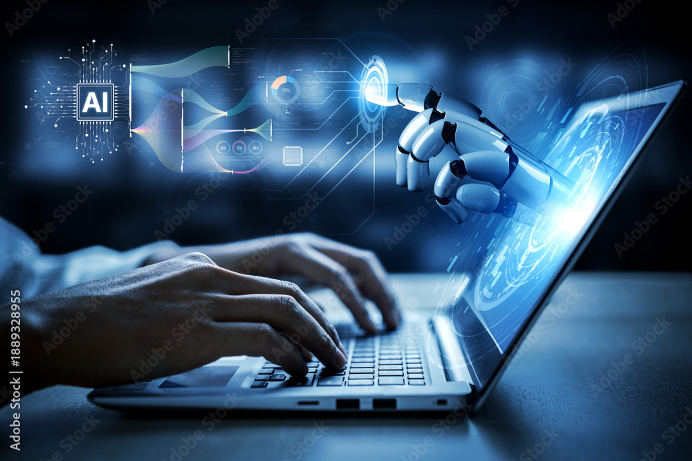 Obraz premium AI brain processes big data with generative AI, LLMs, and machine learning to support business decisions, prompt engineering, and future agentic artificial intelligence systems. spline