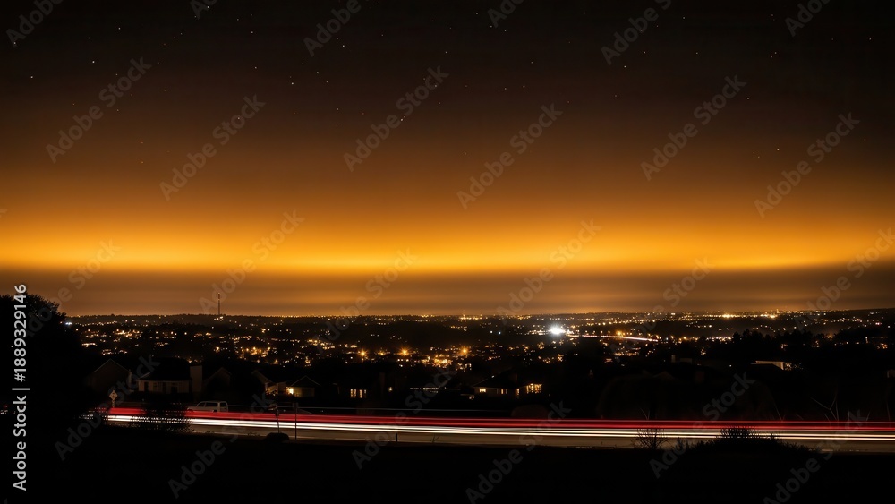Fototapeta premium A mesmerizing long exposure captures the breathtaking beauty of a city skyline at dusk, with the streaks of light from passing vehicles painting a dynamic canvas.
