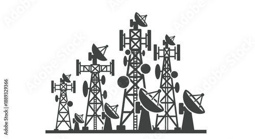 Black silhouette illustration depicting multiple communication towers and satellite dishes