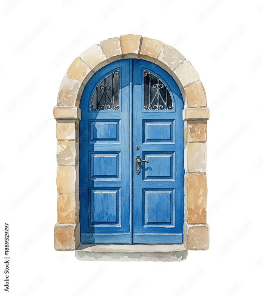 Obraz premium Blue Arched Wooden Door with Stone Frame and Decorative Metal Grilles Watercolor Illustration