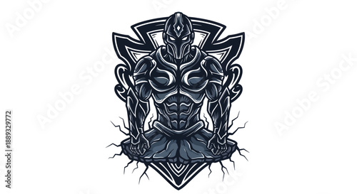 Abstract warrior illustration in dark blue armor with ornamental details