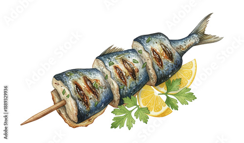 Grilled Fish Skewer with Zesty Lemon and Fresh Parsley in Watercolor Style on White Background