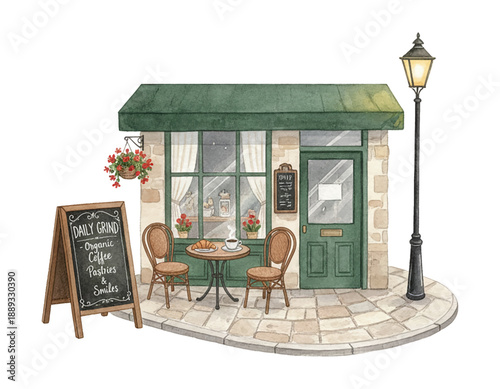 Charming Cozy Coffee Shop Cafe with Outdoor Seating and Daily Grind Chalkboard Sign Watercolor Illustration