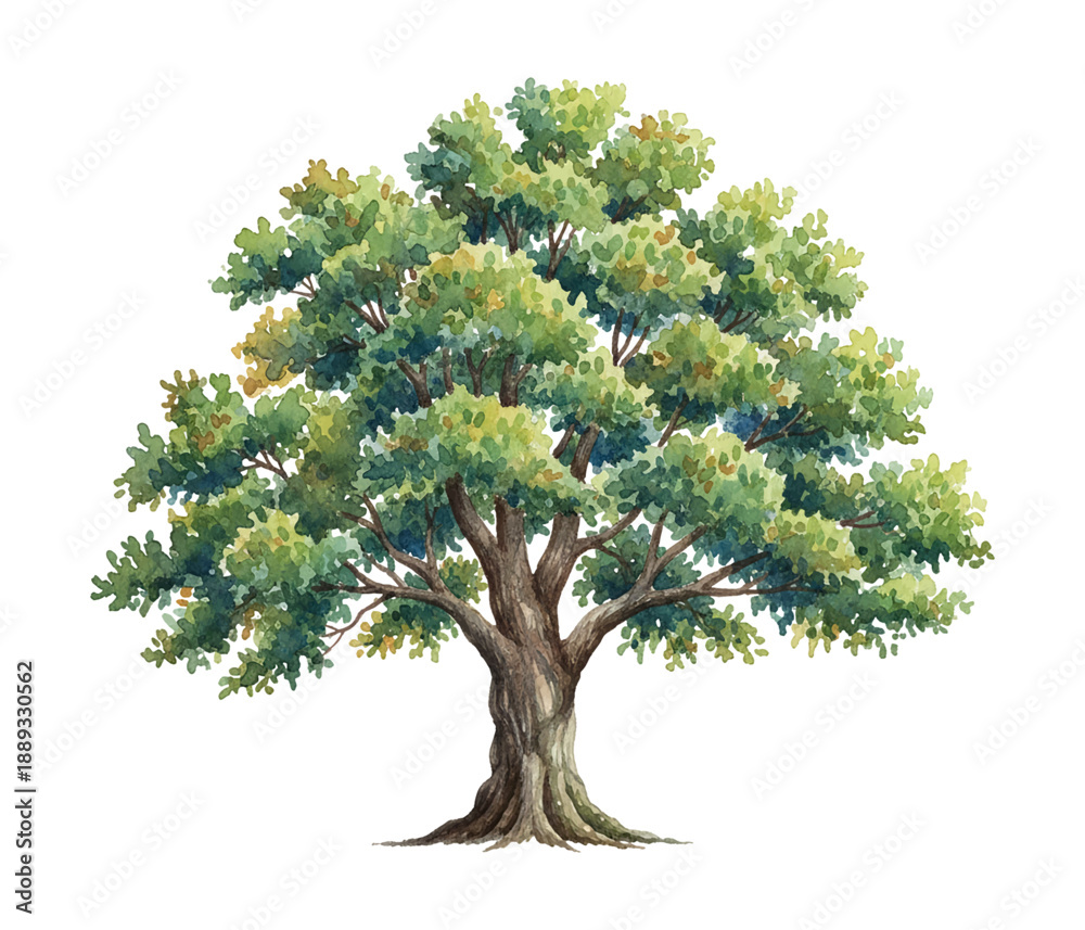 Fototapeta premium Vibrant Green Tree Watercolor Illustration on White Background with Lush Foliage and Strong Trunk